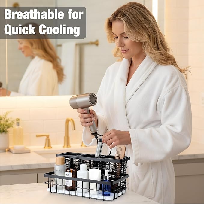 1 Pcs Hair Tool Organizer Countertop Breathable Metal & Bamboo Hot Tools Organizer Under Sink Bathroom Hair Dryer Holder Countertop Brush Comb Holder,makeup tray (White Bamboo,Black)