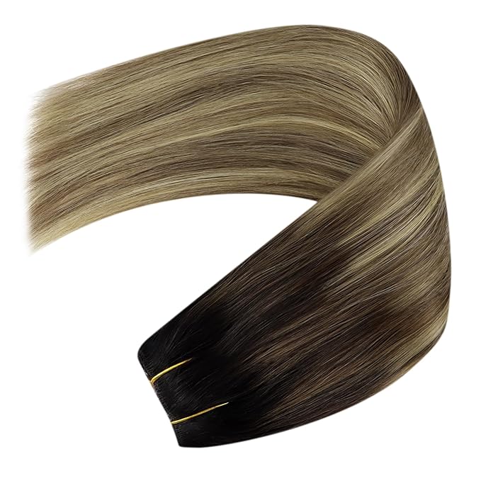 YoungSee Invisible Wire Hair Extensions Balayage Brown to Blonde Human Hair Extensions Wire Dark Roots to Medium Brown with Warm Blonde Highlights Fish Line Extension Hair for Women 20In 100G