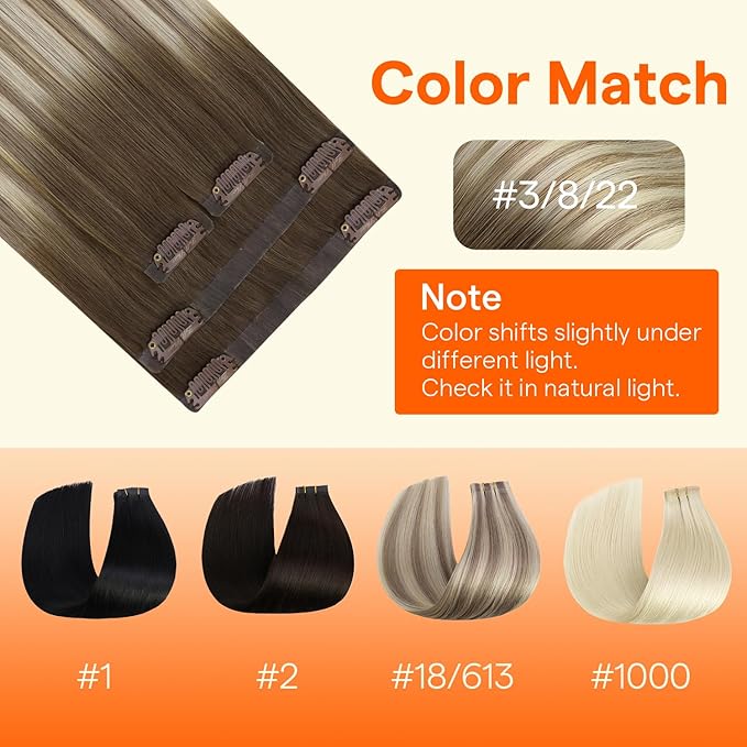Full Shine Seamless Clip in Hair Extensions Real Human Hair, 18Inch Balayage Brown to Ash Brown Highlight Medium Blonde Clip in Hair Extension with PU Weft for Women, 4Pcs 85g
