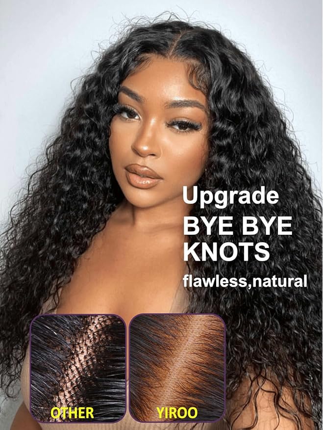 YIROO Bye Bye Knots Glueless Water Wave and Jerry Curly Drawstring Wig Human Hair, 7x5 Pre Cut Lace Front Glueless Wigs Pre Bleached Pre Plucked Wear and Go Wig for Women 150% Density 26Inch