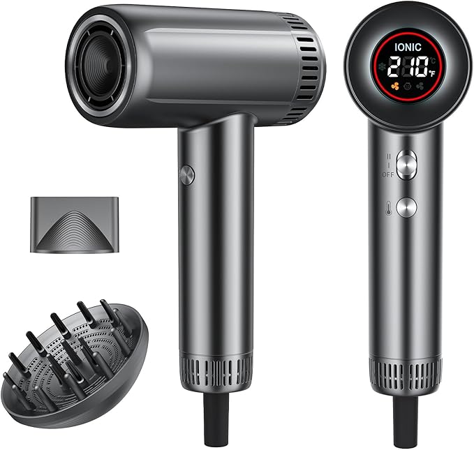 Hair Dryer with Magnetic Diffuser Attachments, Professional High Speed Ionic Blow Dryer for Fast Drying,9 Heat & 2 Speed Settings,Auto Clean and Cool Shot,Compact Hair Blow Dryer for Travel,Salon,Home