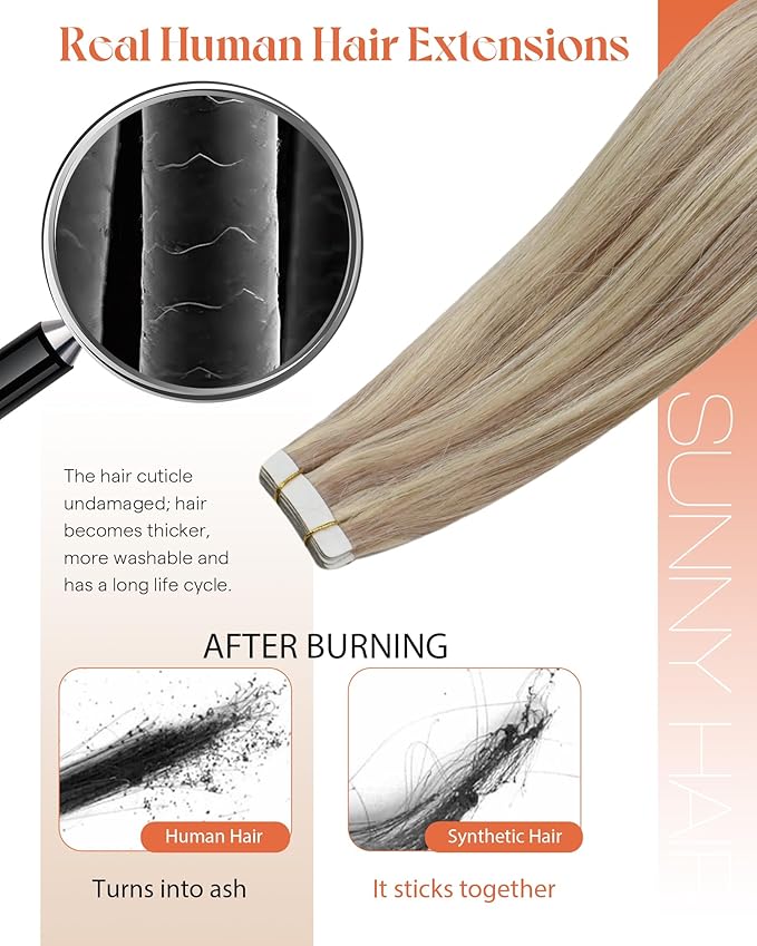 Sunny Hair Tape in Hair Extensions Real Human Hair Invisible Remy Hair Extensions Tape ins for Women Ash Blonde Highlight Bleach Blonde with Pink Hue 24 inch 40pcs 100g