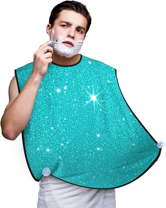 Stretchable Beard Cape, Non-Stick Hair Catcher for Trimming, Waterproof Grooming Apron, Teal Blue Glitter Sparkle Texture