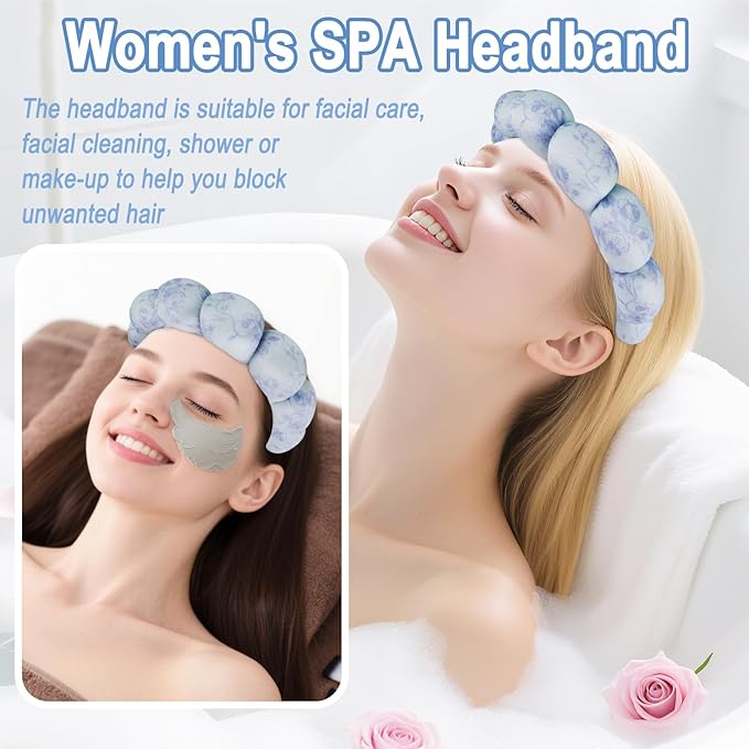 Zkptops Spa Headband for Washing Face Wristband Set Flower Sponge Makeup Skincare Velvet Fabric Bubble Soft Get Ready Hairband for Women Puffy Headwear Non Slip Thick Thin Hair Accessory(Blue Flowers)