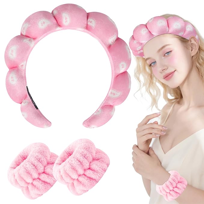 Zkptops Spa Headband for Washing Face Wristband Set Sponge Makeup Skincare Velvet Fabric Bubble Soft Get Ready Hairbands for Women Puffy Headwear Non Slip Thick Thin Hair Accessory (Pink Nuts)