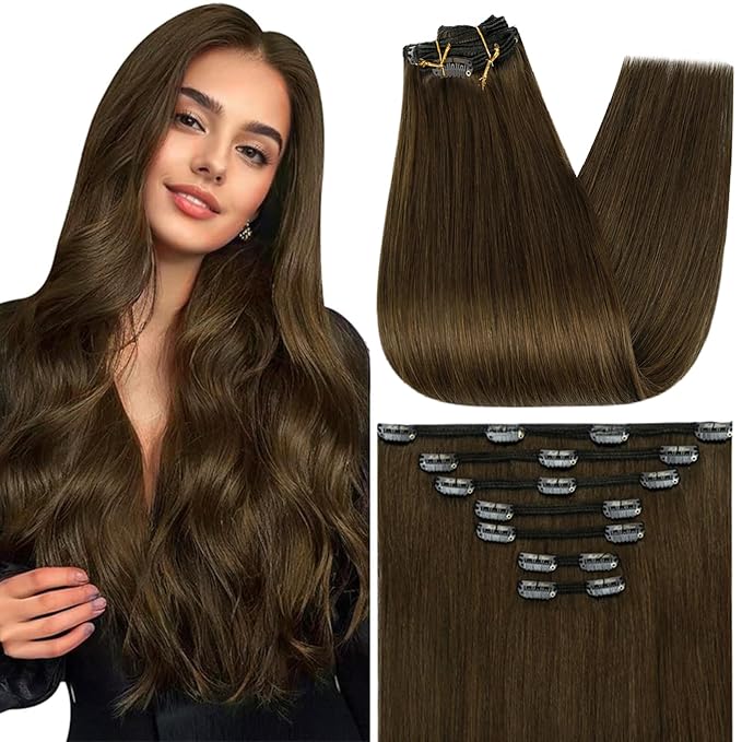 Full Shine Brown Hair Clip in Extensions Real Human Hair Medium Brown Invisible Clip in Hair Extensions Triple Weft Straight Thick Ends 16 Inch 7 Pcs 120 G