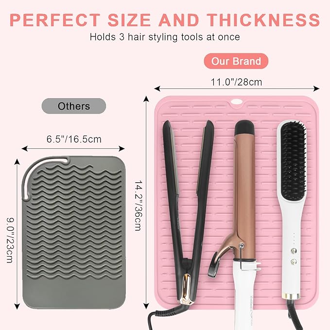AMIJEAL Oversize Silicone Heat Resistant Mat for Hair Tools, Curling Iron Mat, Hot Tools Holder, Portable Flat Iron Hair Straightener Pad Cover for Travel Vanity Salon(14.2" x 11.0")