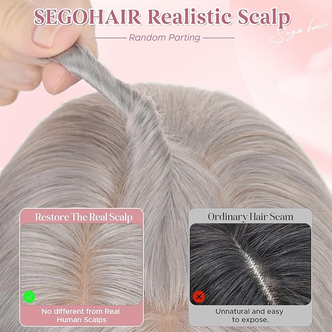 Real Human Hair Toppers for Women 3.54"*4.72" Silky Base 150% Density With Bangs Adjustable Parting Clip-In Topper Hairpieces for Women with Thinning Hair 10 Inches Silver Grey