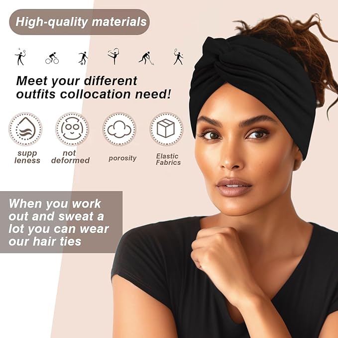Extra Wide Headbands for Women, 7'' Large Cotton Like Turban Knotted Bandana Head Bands for Women Non Slip, Boho Headbands for Women's Hair (C1-6Pcs, Extra Large 7" Wide)