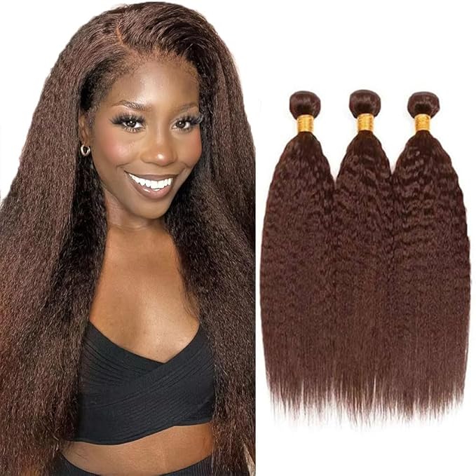 26 28 30 Inch Chocolate Brown Human Hair Bundles Brown Kinky Straight Bundles Niegmeag Hair Peruvian Grade 8A Virgin Hair Extensions Color 4 Kinky Straight Bundle 100g/Pc
