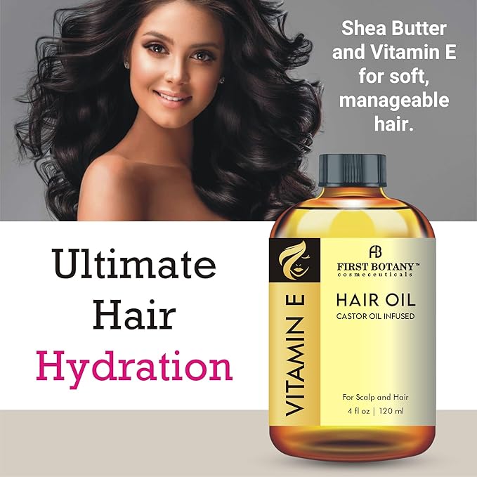 First Botany Vitamin E Castor Oil Encourages Hair Growth, Scalp & Hair Strengthening Serum, Nourishing Treatment for Split Ends, Dry Scalp, Safe for All Hair Types, 4 fl oz