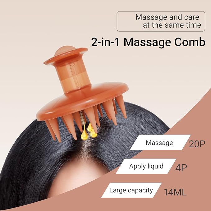 Silicon Scalp Massage Comb - Hair Oil Applicator Brush with Built-in Scale, 20 Silicone Bristles & Stainless Steel Teeth for Hair Growth Serum, Scalp Care and Relaxation (Black)