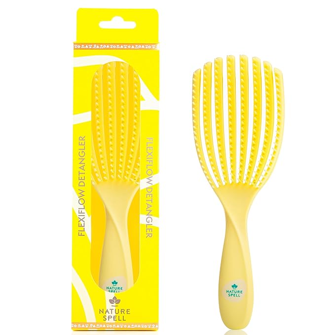 Nature Spell FlexiFlow Detangling Hair Brush, Flexible Strands for Gentle Brushing, Eliminates Knots & Reduces Breakage, Suitable for All Hair Types, Yellow