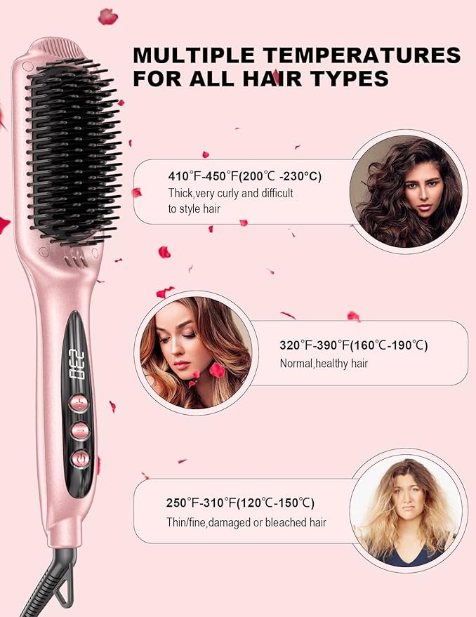 LANDOT Rose Gold Hair Straightener Brush - Elegant Gift for Women, Ionic Ceramic Straightening Brush for Smooth & Shiny Hair, Dual Voltage with 12 Adjustable Heat Settings 250°F-450°F