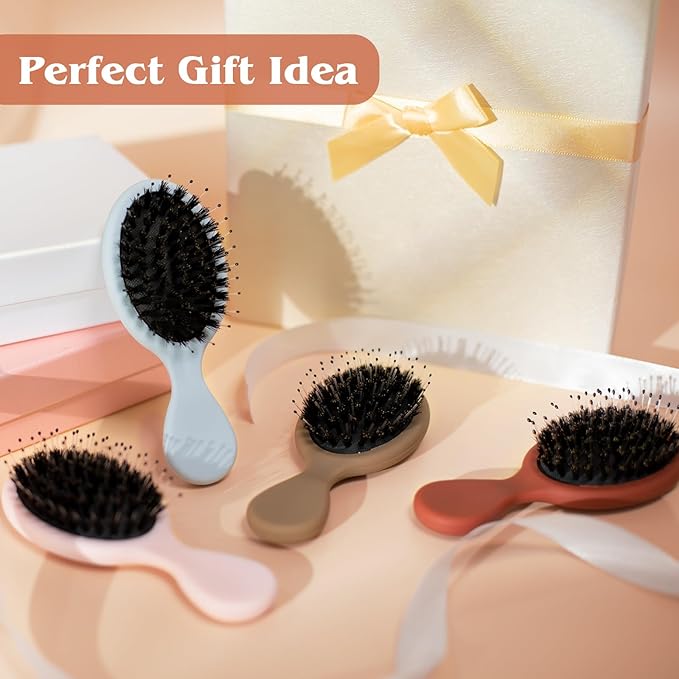 Mini Boar Bristle Hair Brush - Boar & Nylon Bristle Small Brush for Women Kids Long Short Hair to Smooth Add Shine - Travel Size Hair Brush for Purse,Pocket - Red