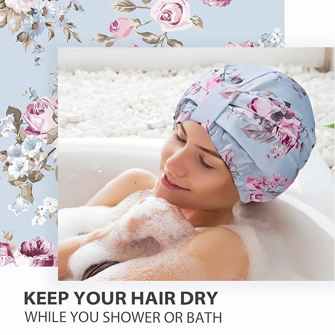 INNELO Luxury Shower Cap for Women Reusable Waterproof, Double Layered Shower Hair Cap with Adjustable Elastic Strap, Large Satin Lined Shower Bath Cap for Long Curly Straight Hair, Blue-Flower