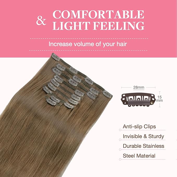GOO GOO Clip in Hair Extensions Real Human Hair, Remy Human Hair Extensions Clip ins for Women, Natural Human Hair, 16inch 150g 9Pcs, 5 Light Ash Brown