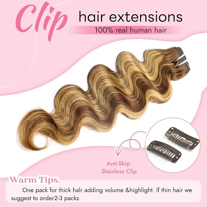 Clip in Hair Extensions Real Human Hair Body Wave #4/27 Chocolate Brown to Honey Blonde 100% Brazilian Remy Human Hair Extensions 8pcs Per Set with 18 Clips Double Weft 20 Inch 105g/3.6oz
