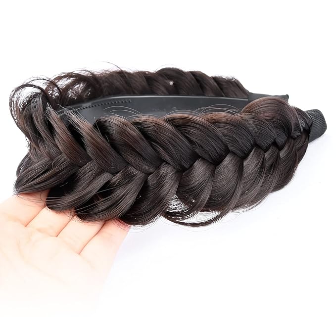 DIGUAN Wide Messy Braided Headband With Teeth Synthetic Hair Plaited Headband High Elasticity Braids Chunky Fishtail Braided Hair Band Hairpiece for Girls Women (Deep Brown)