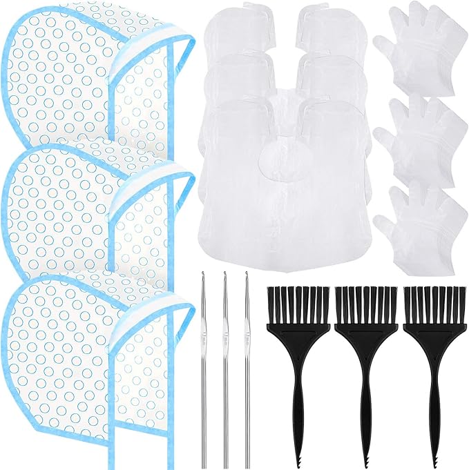 3 Sets Hair Coloring Kit, Includes PVC Hair Coloring Caps with Styling Tools, Disposable Dye Shawl, Gloves, Brushes for Dyeing(Blue)