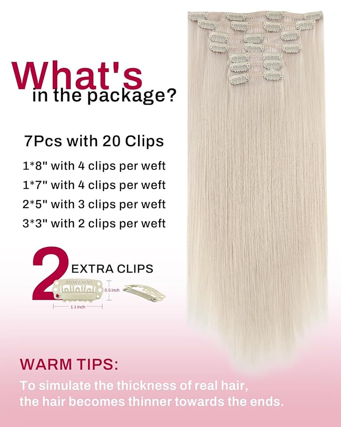 Moresoo Blonde Clip in Hair Extensions for Women Remy Double Weft Clip in Human Hair Extensions Platinum Blonde Full Head Set 7pcs/150g 24inch