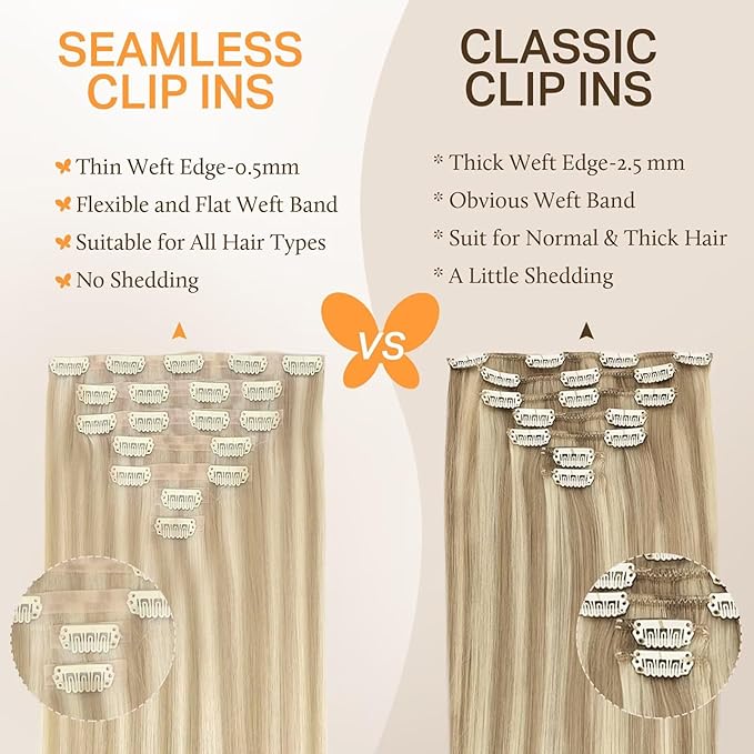 DOORES Clip in Hair Extensions Seamless, Dark Blonde Highlighted Bleach Blonde 18 Inch 130g 7pcs, Virgin Thick Human Hair Clip in Extensions