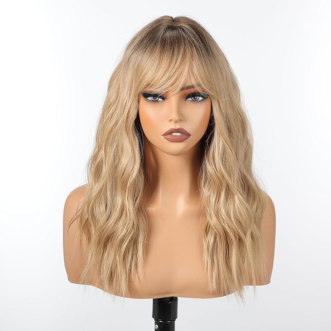 Blonde Wig with Bangs,Ombre Blonde Wavy Wigs for Women,Shoulder Length Curly Synthetic Hair Wig for Party Daily Use 18IN
