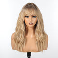 Blonde Wig with Bangs,Ombre Blonde Wavy Wigs for Women,Shoulder Length Curly Synthetic Hair Wig for Party Daily Use 18IN