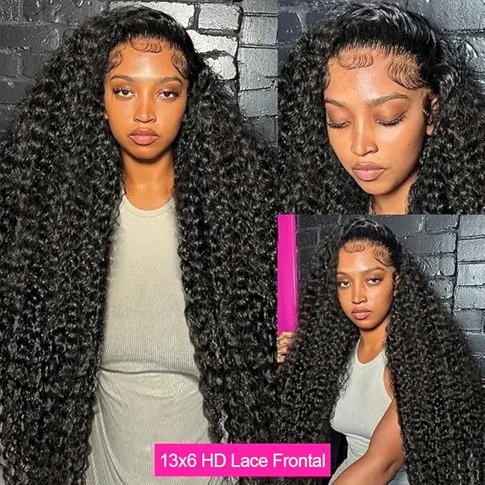 40 Inch Deep Wave Lace Front Wigs Human Hair 13x6 HD Lace Frontal Wigs for Women 200% Density Curly Human Hair Wigs Pre Plucked with Baby Hair Glueless Wigs Natural Color