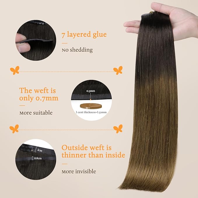 DOORES Hair Extensions Seamless Clip in Human Hair, Chocolate Dip Color Melt 7pcs 130g 16 Inch, Straight Hair Natural Remy Thick Hair Invisible Edge