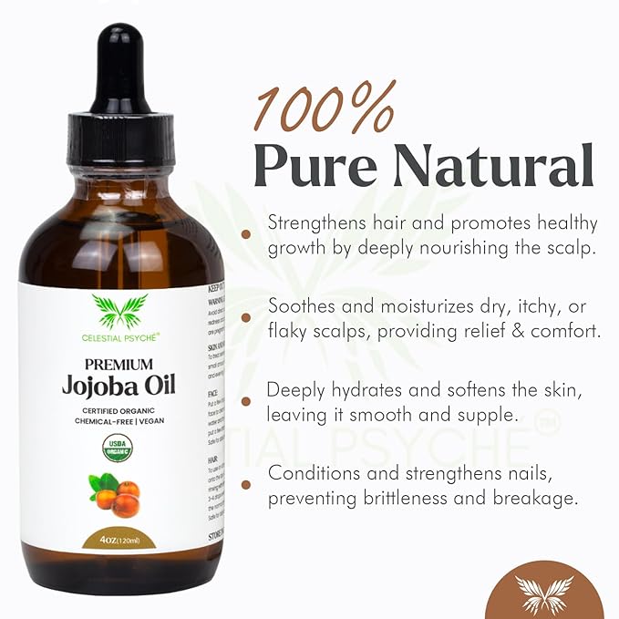 USDA Certified Organic Jojoba Oil (4 Oz) 100% Pure Natural, Chemical-Free, Hexane-Free, Hair Growth, Scalp Care, Skin Hydration, Nails Natural Beauty Enhancement, Anti-Aging