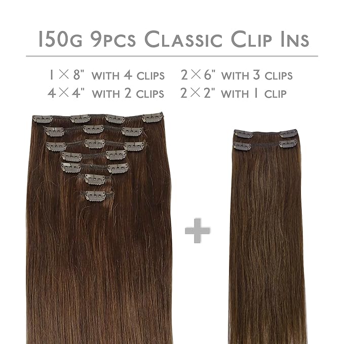 WENNALIFE Clip in Hair Extensions, 150g 18 Inch 9pcs Chocolate Brown Human Hair Extensions Thicker Clip in Hair Extensions Real Human Hair Clip Set Double Weft