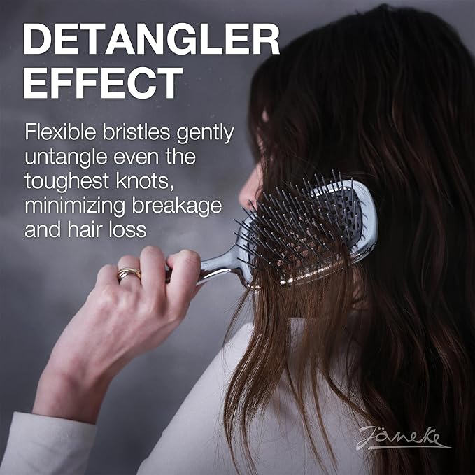 Janeke Superbrush Detangling Brush for Soft Smoothing Hair Brushing with Anti-Static Bristles - Vented Wet Hair Brush for Blow Drying Use - Perfect for Curly, Thick, Wavy, Fine Hair Types (Silver)