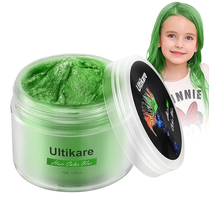 Ultikare Green Hair Color for Kids - Instant Mud Cream Gel Wax, 3.4 Fl Oz, Christmas Girl Gifts, Party, Cosplay DIY, Children's Day