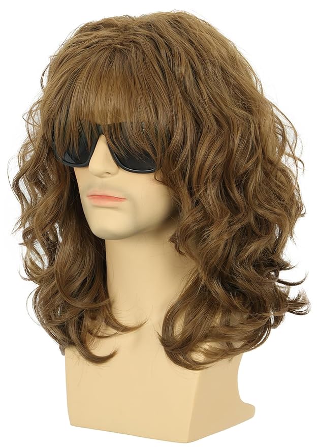 karlery California 70s 80s Rocker Wig Men Women Long Curly Brown Halloween Costume Wig