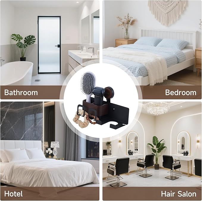 Hair Dryer Holder Wall Mount with Suction Cup, No-Drill Metal Blow Dryer Holder, Hair Accessories Tools Organizer Rack with 1 Toothbrush Hanger & Shelf, Walnut Finish for Bathroom