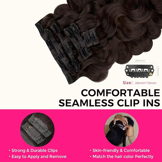 Lashey Seamless Clip in Hair Extensions Human Hair #2 Dark Brown Body Wave Clip in Extensions Real Human Hair 7pcs 110g 16 Inch PU Weft Natural Hair Extensions for Women