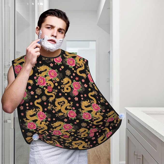 Beard Hair Catcher for Men, Waterproof Shaving Bib Apron Non-Stick, Trimming Tool for Dad Husband, Chinese Peonies Flroal Traditional Dragon Shave Bib