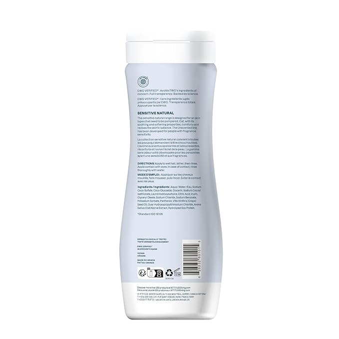 ATTITUDE Hair Shampoo for Sensitive Dry Scalp, EWG Verified, Soothing Oat, For Thin Hair, Naturally Derived Ingredients, Vegan and Plant-Based, Volume and Shine, Unscented, 16 Fl Oz