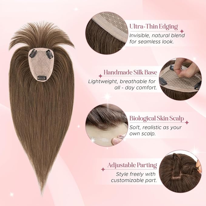 Real Human Hair Toppers for Women 3.54"*4.72" Silky Base 150% Density With Bangs Adjustable Parting Clip-In Topper Hairpieces for Women with Thinning Hair 10 Inches Natural Brown