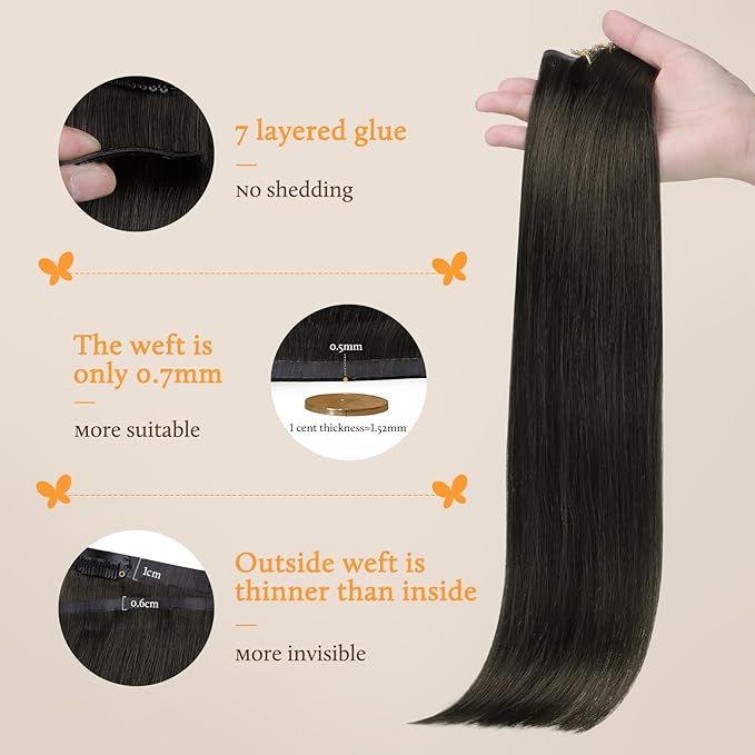 DOORES Clip in Hair Extensions Human Hair, Mocha Brown 16 Inch 130g 7pcs, Seamless Clip in Hair Extensions Invisi Edge Hair Extensions Remy Hair Extensions Insible Weft Natural Straight