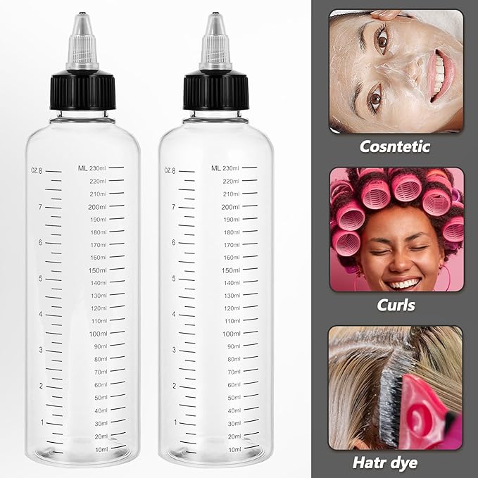 3 Pcs Applicator Bottle for Hair Dye 8.5 Ounce Hair Oil Applicator Plastic Squeeze Bottle Root Transparent Hairs Dye Bottles Twist-On Top Tip Cap with Graduated Scale for Home Salon Stylist Beauty