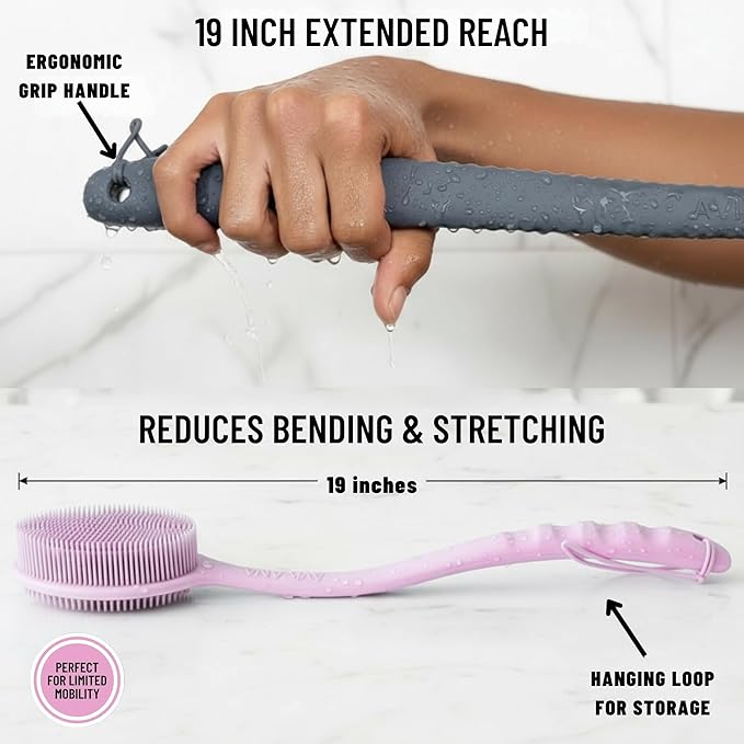 Long Handle Back Scrubber for Shower - 19 inch Extended Reach Silicone Body Brush - Avilana Bath Scrubber Extended Reach Tool - Easy Grip Body Wash Brush Gift