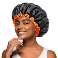 mikimini Black Shower Cap, Double Layers Waterproof Bathing Hair Cap with Reusable Soft Comfortable PEVA Lining, Cute, Non-fading & Stretchy Shower Hat Medium (Pack of 1) Black + Orange