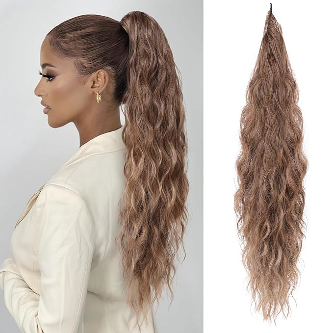 Flufymooz Ponytail Extension, Flexible Wrap Around Ponytail Extension Long Wavy Curly Ponytail Hair Extensions Natural pony tail Synthetic Hairpiece for Women 26 Inch (Chocolate Brown to Light Brown)