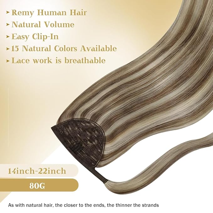 Ve Sunny Hair Extensions Ponytail Real Human Hair Wrap Around Clip in Ponytail Hair Extensions Straight Extensions Human Hair for Women Light Brown Highlights Platinum Blonde 16inch 80G