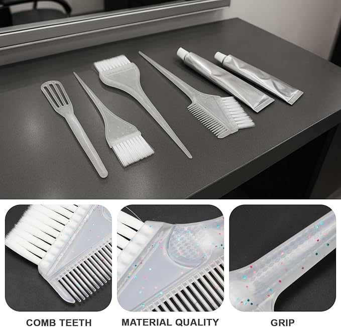 Hair Dye Brush and Bowl - Set of 5 Glitter and Soft Hair Coloring Kit with Mixing Bowl, Brushes, Tint Comb for DIY Hair Dyeing Bleaching Hightlinging at Home and Salon Use - Shiny Bright Sprinkle