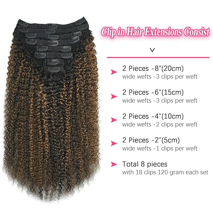 3c 4a Curly Clip in Hair Extensions T1BP1B/30 Omber Kinky Curly Clip ins For Women Brazilian Virgin Clip on Hair (12inch,T1BP1B/30)