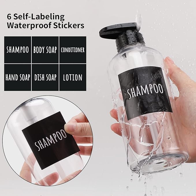 Shampoo Bottles with Labels, Segbeauty 3pcs 16.9oz/500ml Plastic Pump Bottle Dispenser, Empty Refillable Shower Lotion Body Soap Shampoo Conditioner Press Dispenser for Hotel Bathroom Kitchen Clear