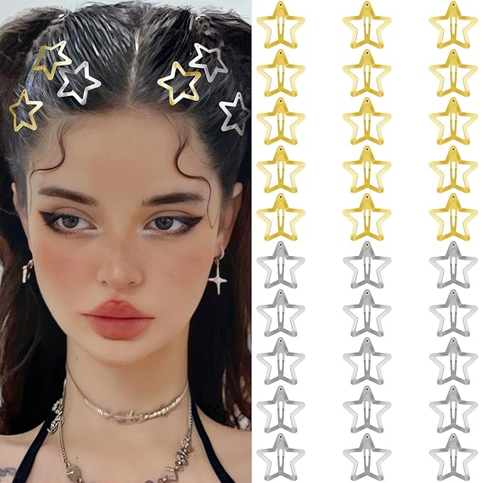 Star Hair Clips 2000s Y2K Snap Hair Barrettes Non Slip Star Hair Accessories Gold Silver Metal Hair Clips for Girls Women -30 PCS 1.18"